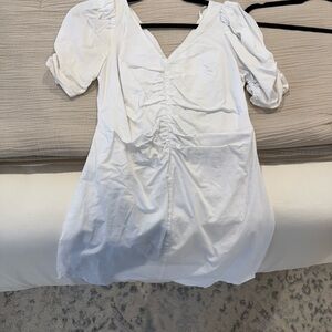 White Ruched Puff Sleeve Dress